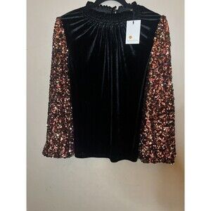 Sugarlips Mira Velvet Mock Neck Top Black Mult sequin x small New with Tags